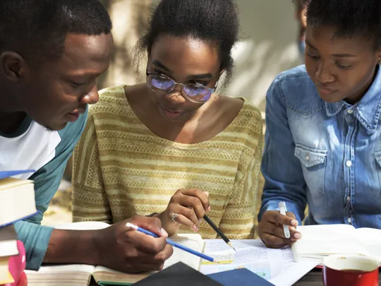 Group of students sharing textbooks and notes while studying outdoors together.