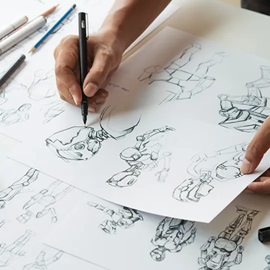 Someone drawing a group of cartoon characters using pencil.