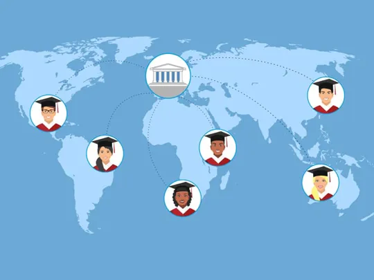 Concept graphic of a UK online school with a global reach, connecting students worldwide to learning and exam centres.