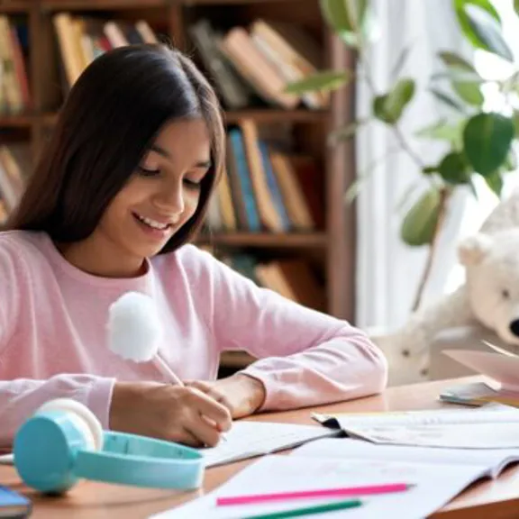 A homeschooling young female student writing in an exercise book at her bedroom desk.