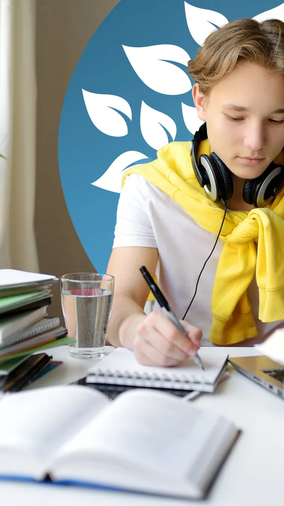 A young person wearing headphones, writing in a notebook at a desk filled with books, with a laptop open and a blue leafy design in the background.