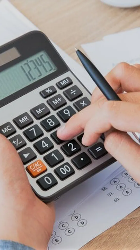 Person calculating figures on a printed statement using a large calculator.