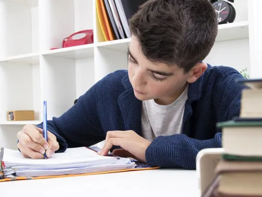 Boy writing notes in a ring binder at a tidy study desk.