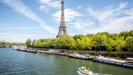 Eiffel Tower rising above green trees along the River Seine on a bright day