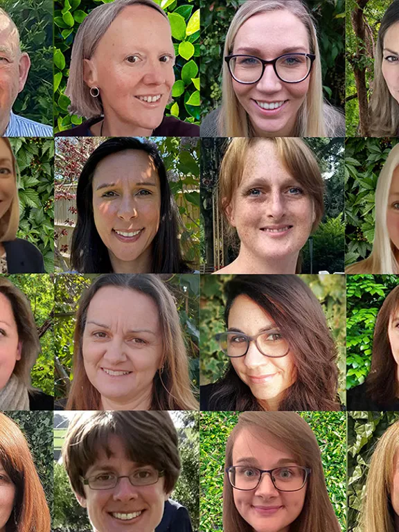 Collage of smiling Wolsey Hall Oxford staff portraits set against leafy green backgrounds.