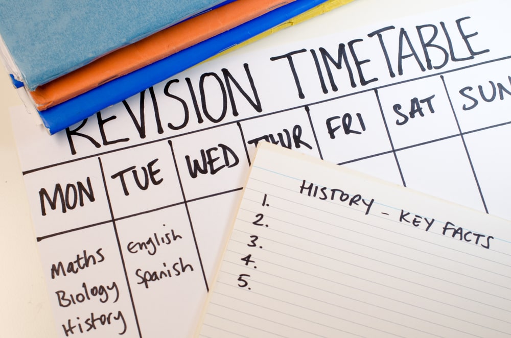 Revision strategies include a revision timetable